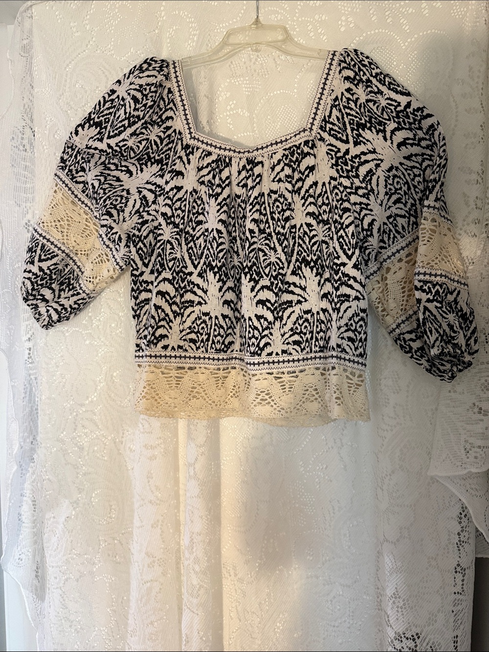 Panama Jack Black & Cream Crochet-Trim Square Neck Blouse